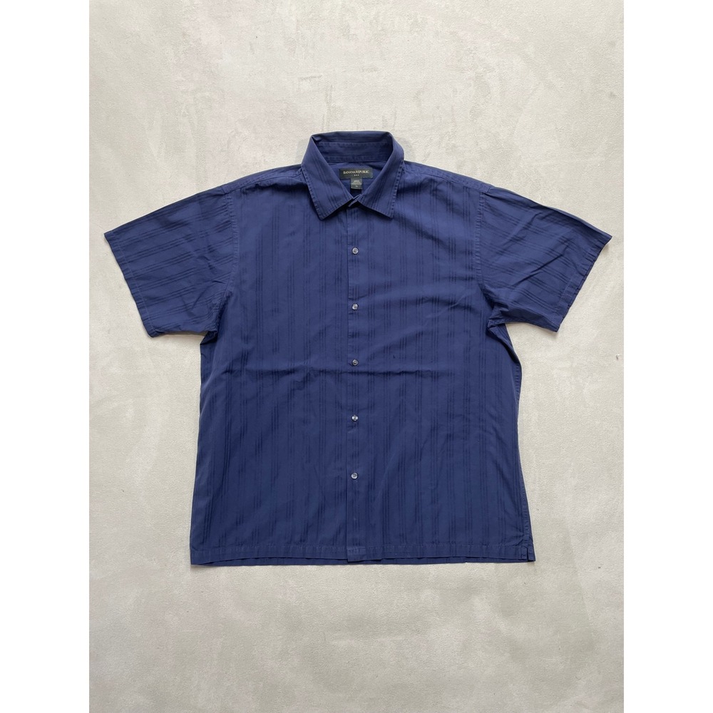 Banana Republic Mens XL Blue Dobby Stripe Embroidered Short Sleeve Button Shirt